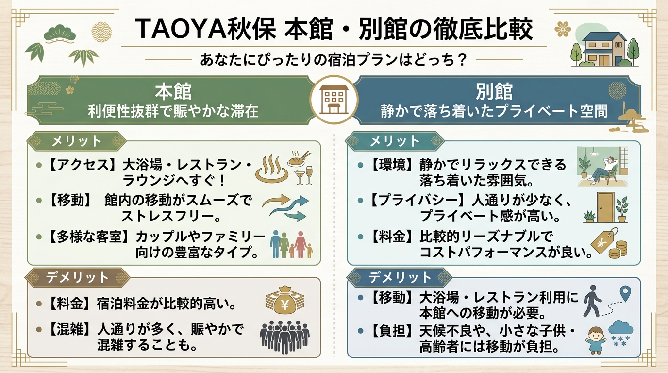 TAOYA秋保本館と別館のメリット・デメリット比較