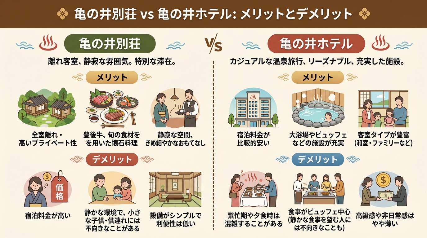 亀の井別荘と亀の井ホテルのメリット・デメリット比較